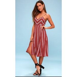 Lulus Calabash Rust  Red Print Midi Dress w/ Front Splits, L